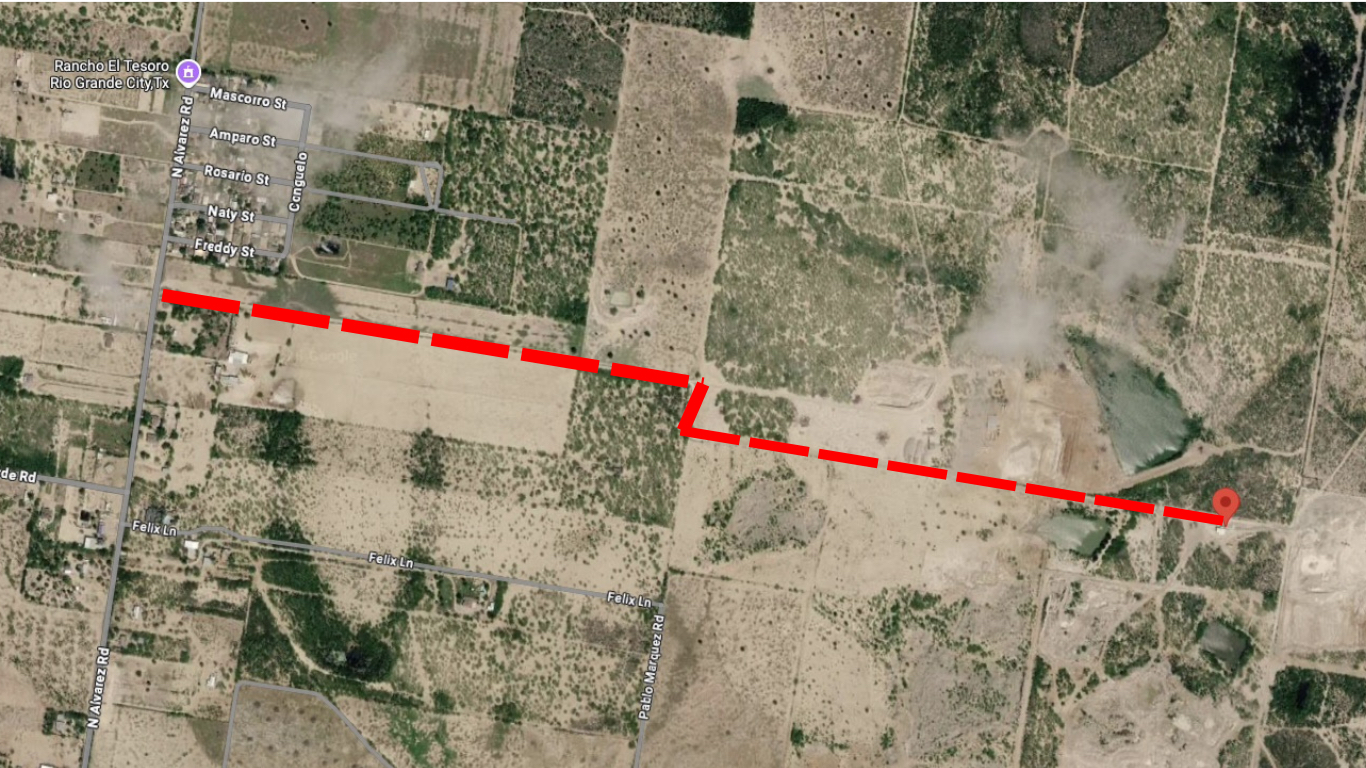 Satellite map showing the route along N Alvarez Rd in to Iron Rock Star Pit 1